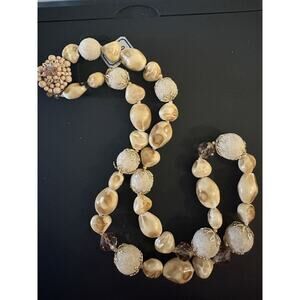 Vintage Japanese Necklace Natural Stones Sugared Pearls Framed W/ Gold Details